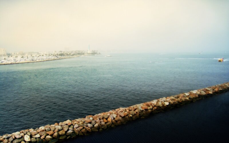 harbor view with stone breakwater