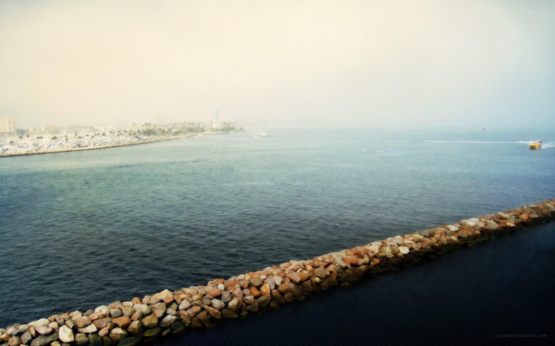 harbor view with stone breakwater