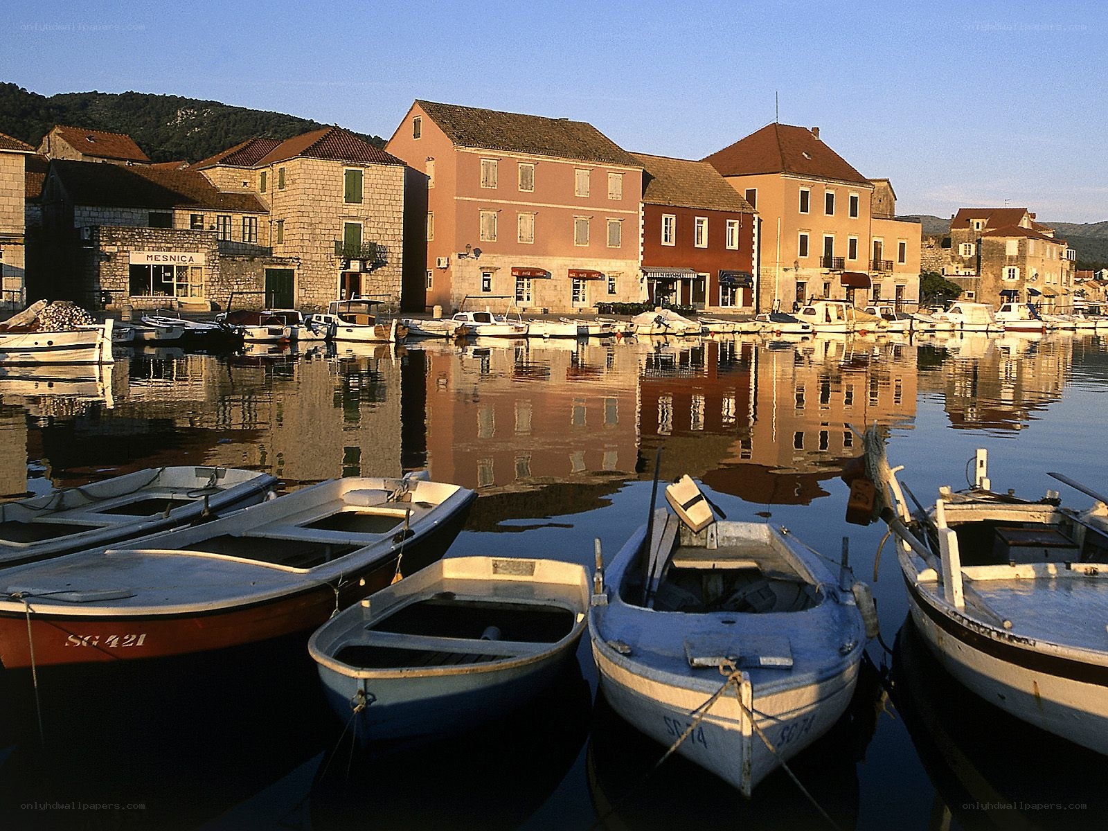 Harbor village at sunset