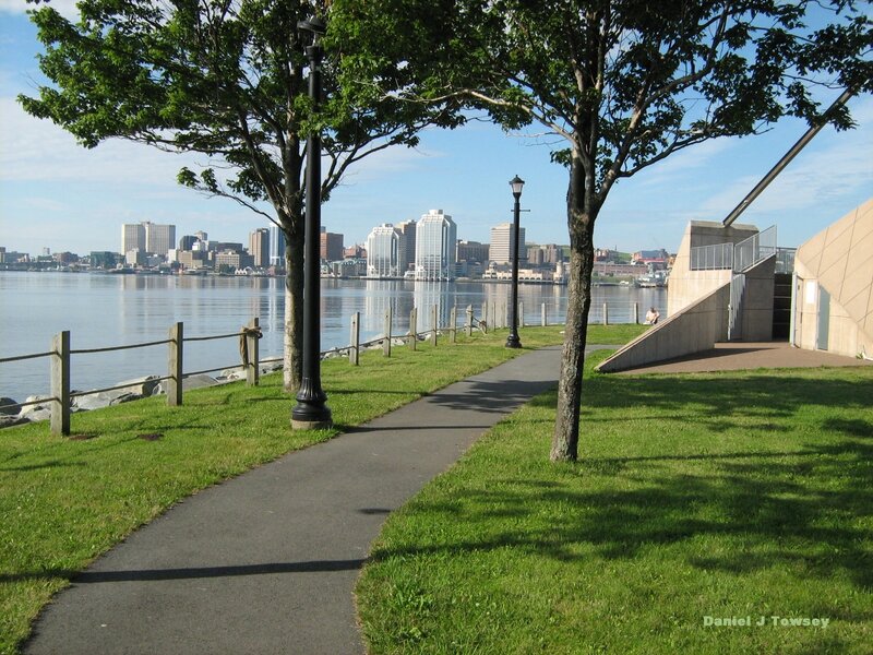 Harbor walk with city view