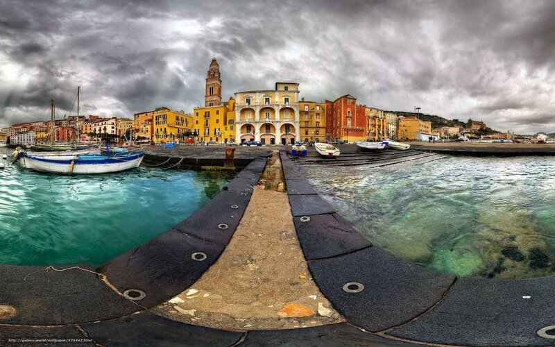 Harbor with Boats and Buildings — Blue, Dramatic, Photograph