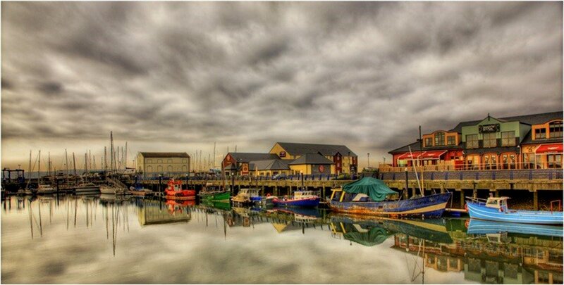 Harbor with Boats and Buildings — Gray, Dramatic, Afternoon