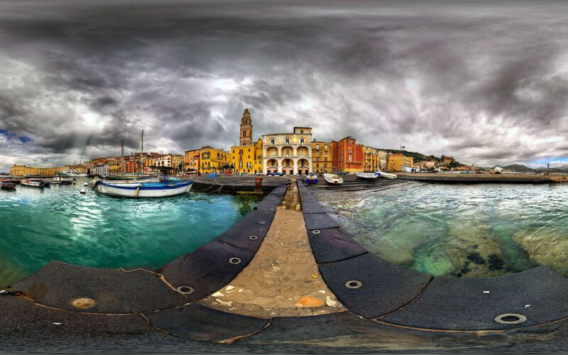 Harbor with Boats and Buildings — Gray, Dramatic, Photograph