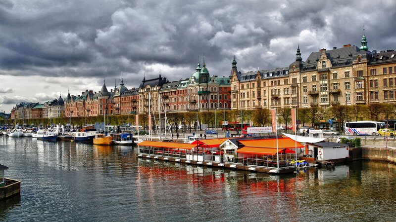 Harbor with Boats and Buildings — Gray, Dramatic, Spring