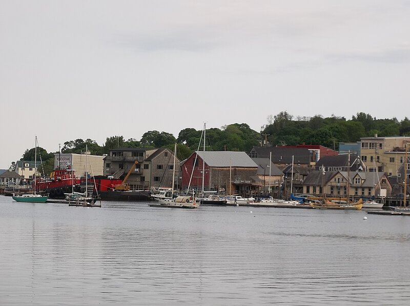 Harbor with Boats and Buildings — Gray