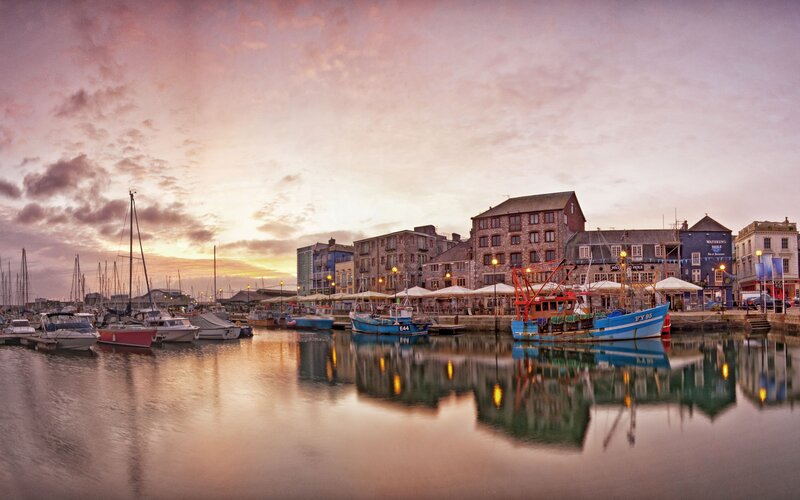 Harbor with Boats and Buildings — Pink