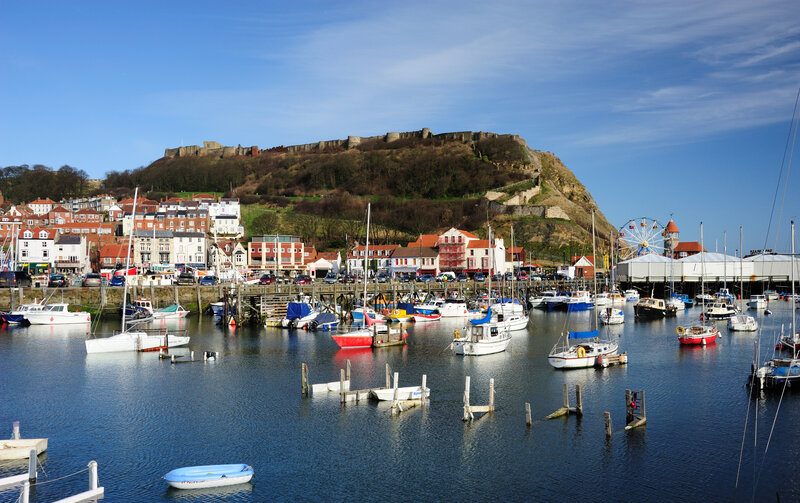 Harbor with Boats and Castle — Blue, Serene