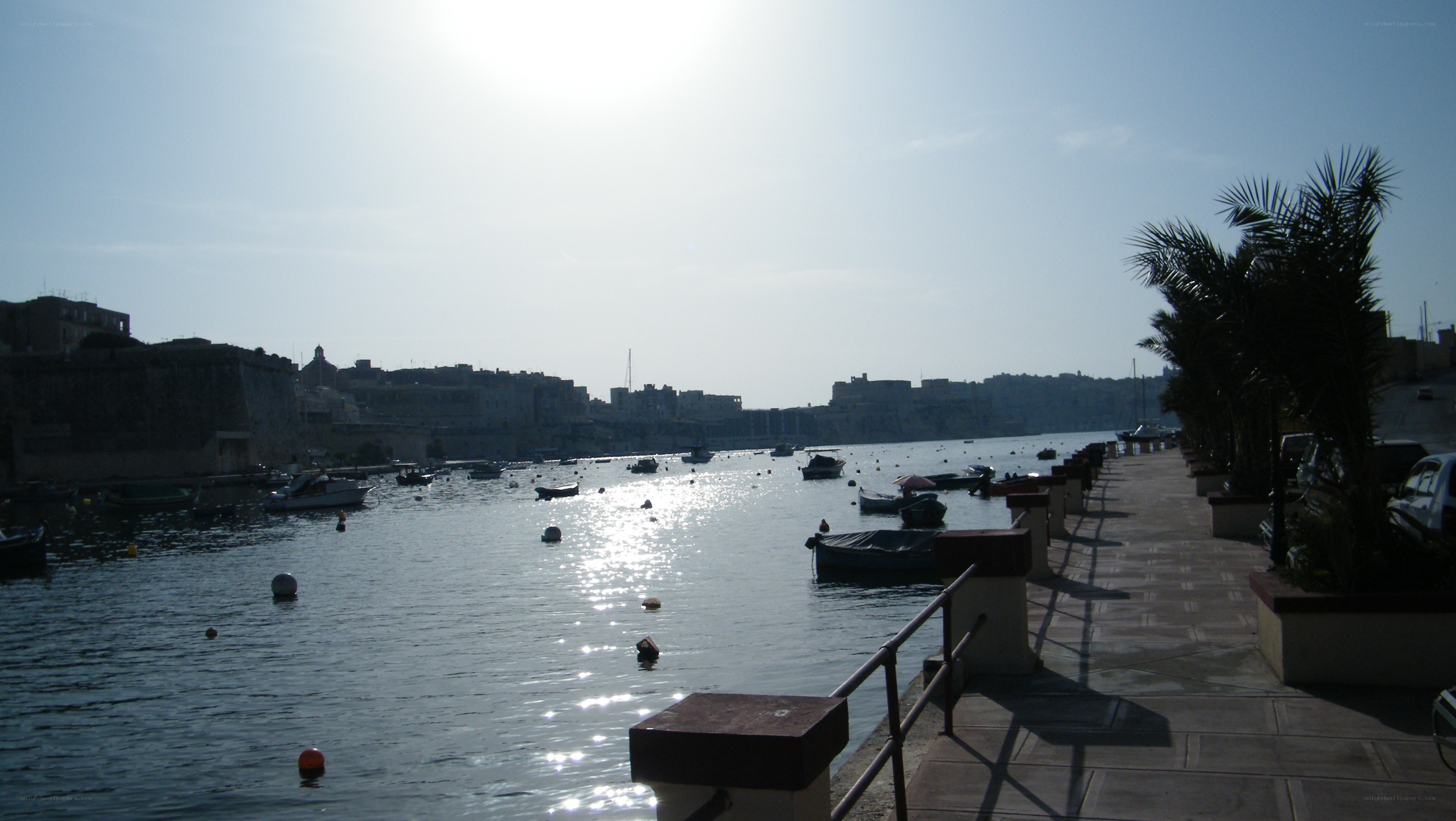 harbor with boats and city