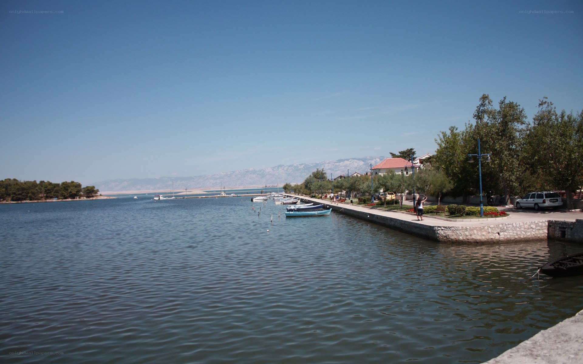 harbor with boats and mountains