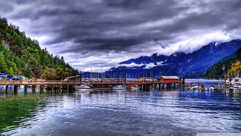 Harbor with Boats and Mountains — Blue, Dramatic