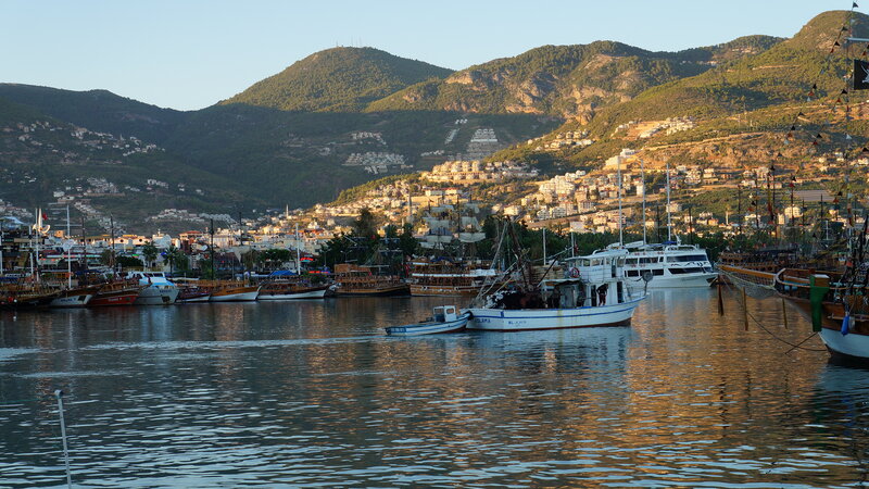 Harbor with Boats and Mountains — Blue, Serene