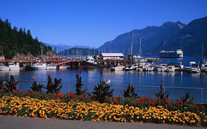 Harbor with Boats and Mountains — Blue