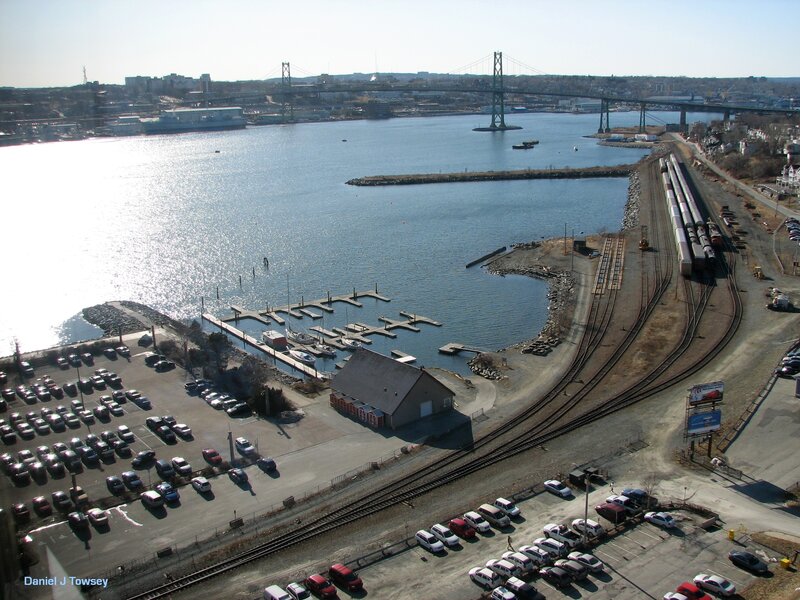Harbor with bridge and train tracks