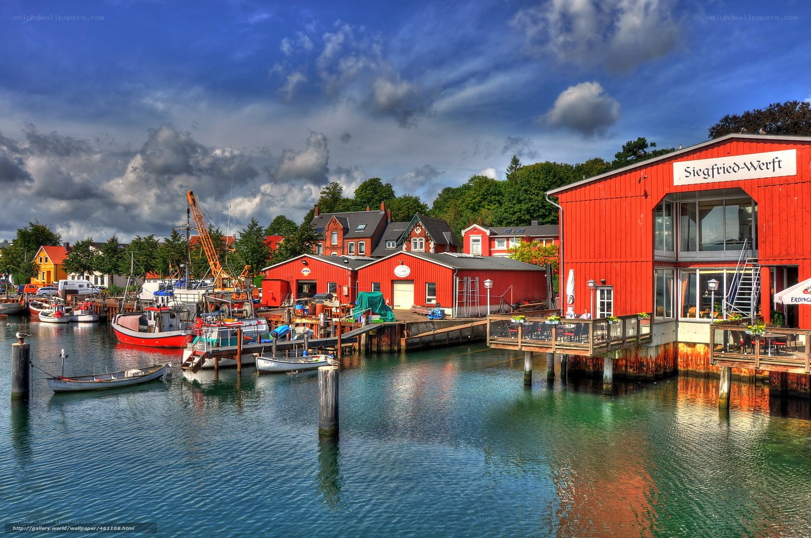 Harbor with red buildings