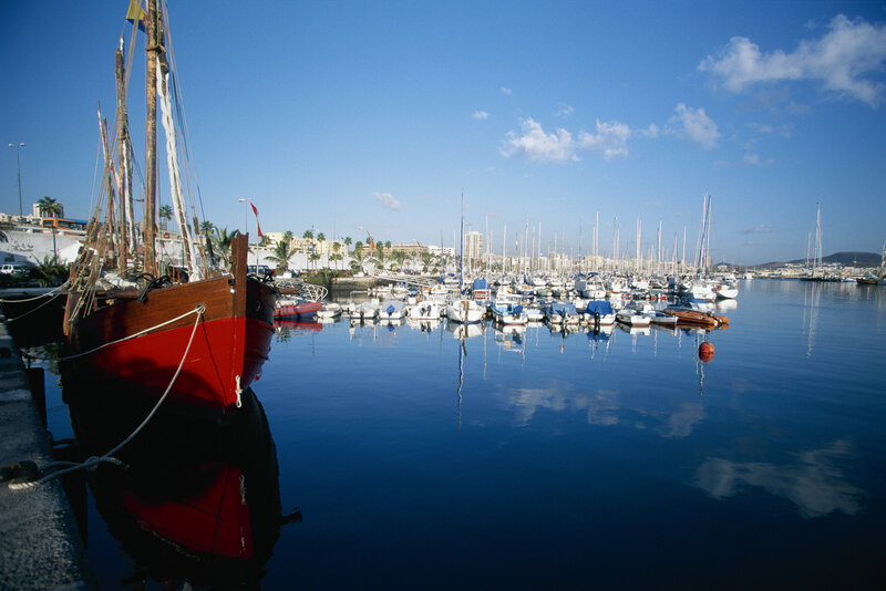 Harbor with sailboats and city view