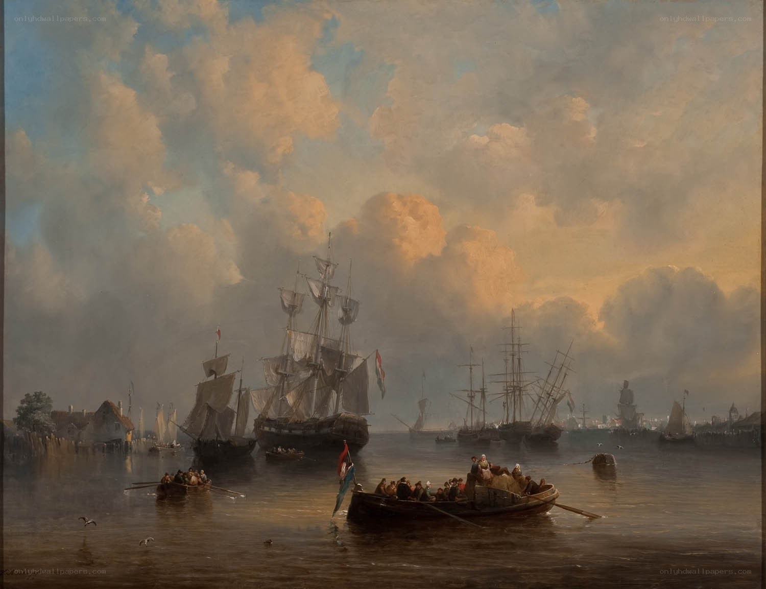 Harbor with sailing ships
