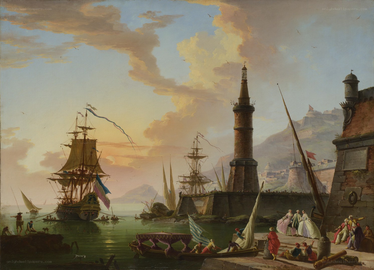 Harbor with ships and lighthouse