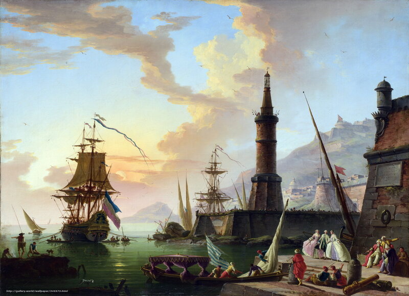 Harbor with ships and lighthouse