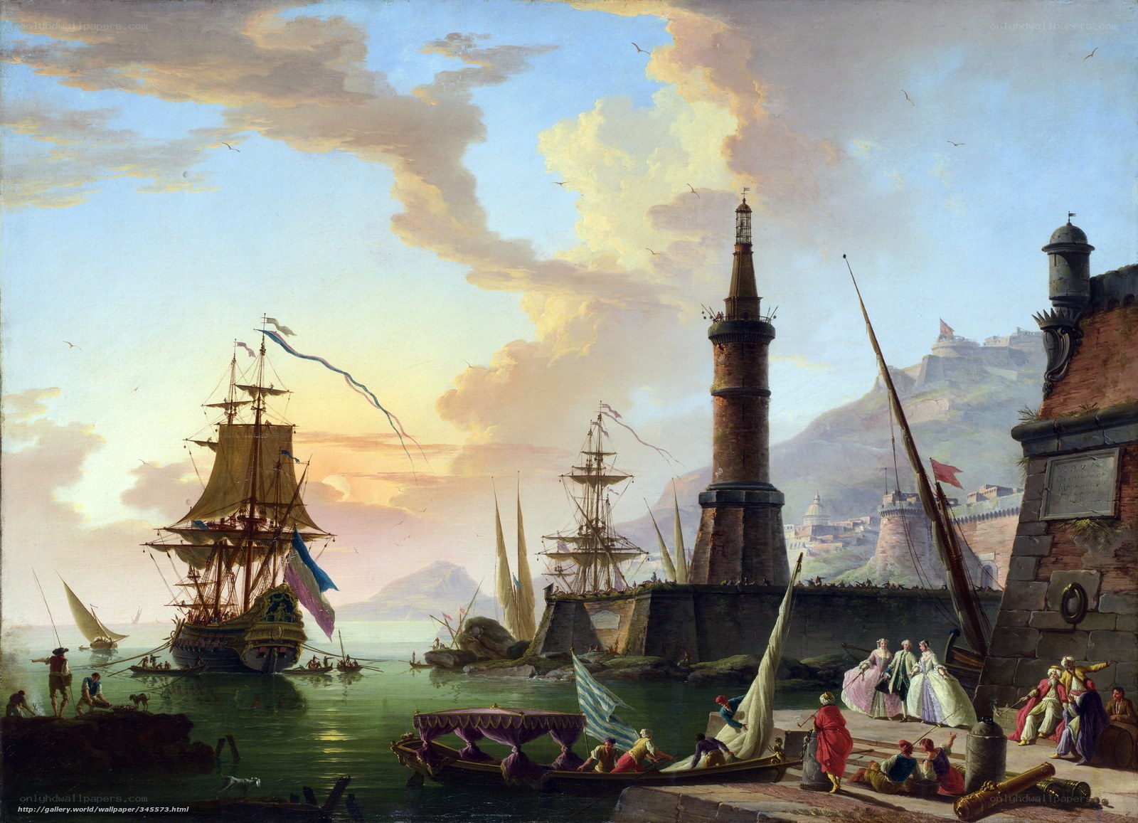 Harbor with ships and lighthouse
