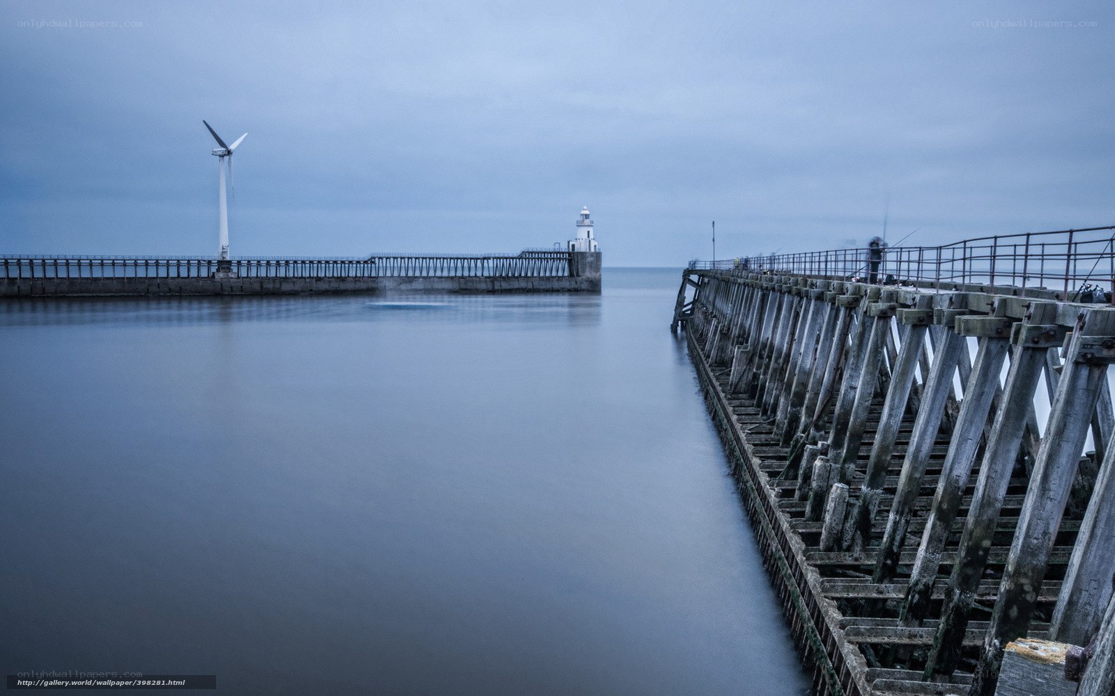 Harbor with wind turbine and lighthouse
