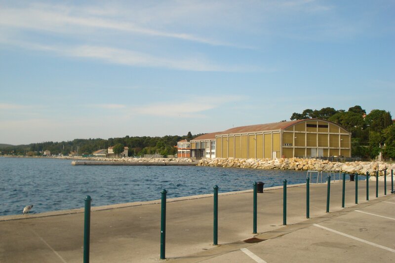 harbor with yellow building