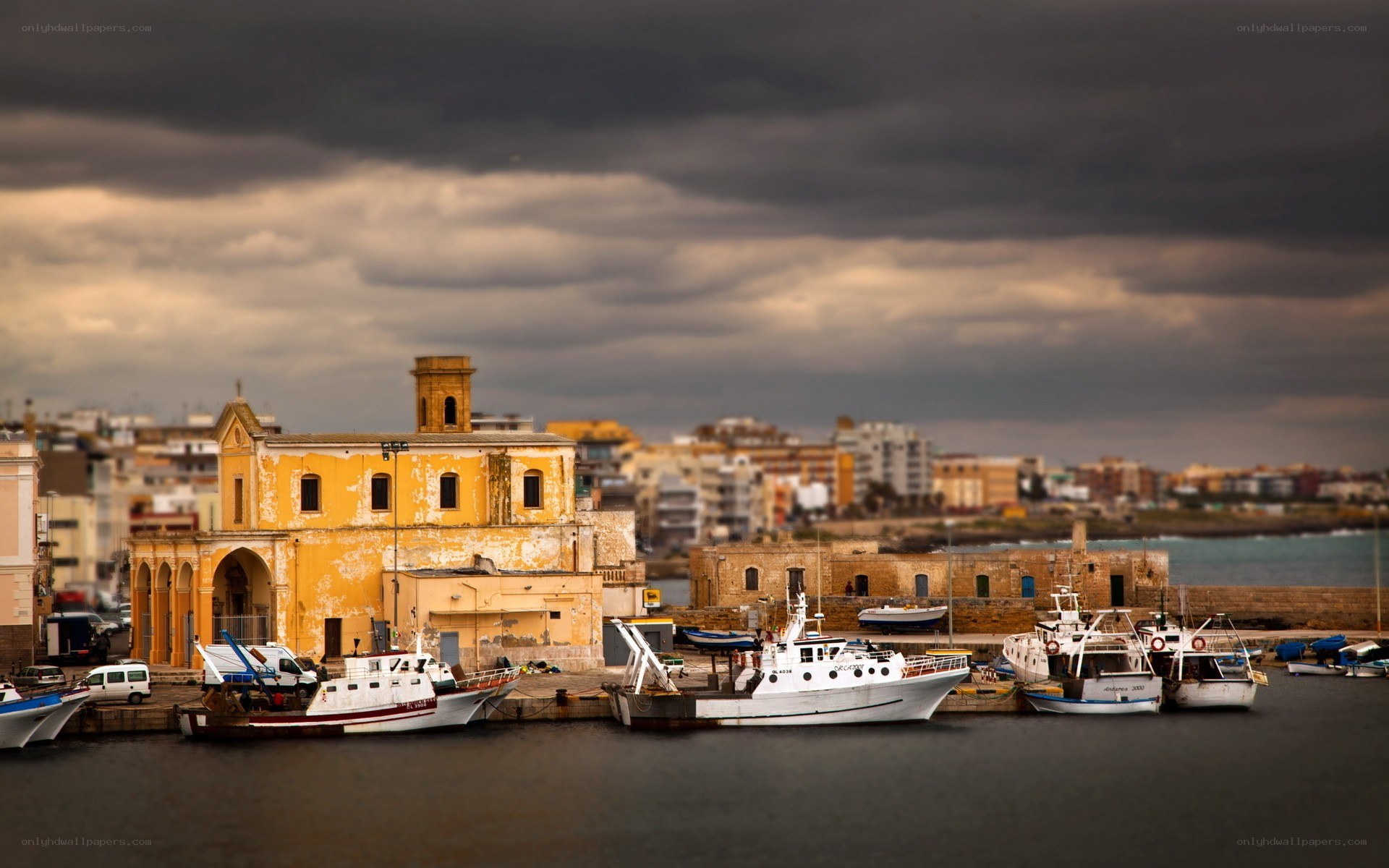 harbor with yellow church