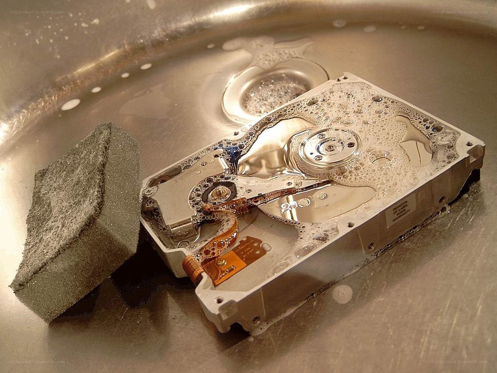 Hard drive being cleaned in sink