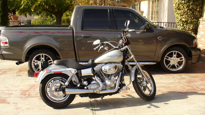Harley-Davidson motorcycle and pickup truck