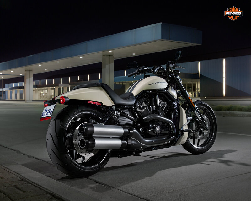 Harley-Davidson Motorcycle — Black, Dramatic, Night, Photograph, Building