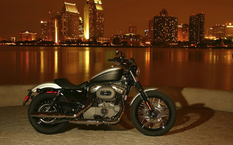 Harley-Davidson Motorcycle — Black, Dramatic, Night, Photograph, City Skyline