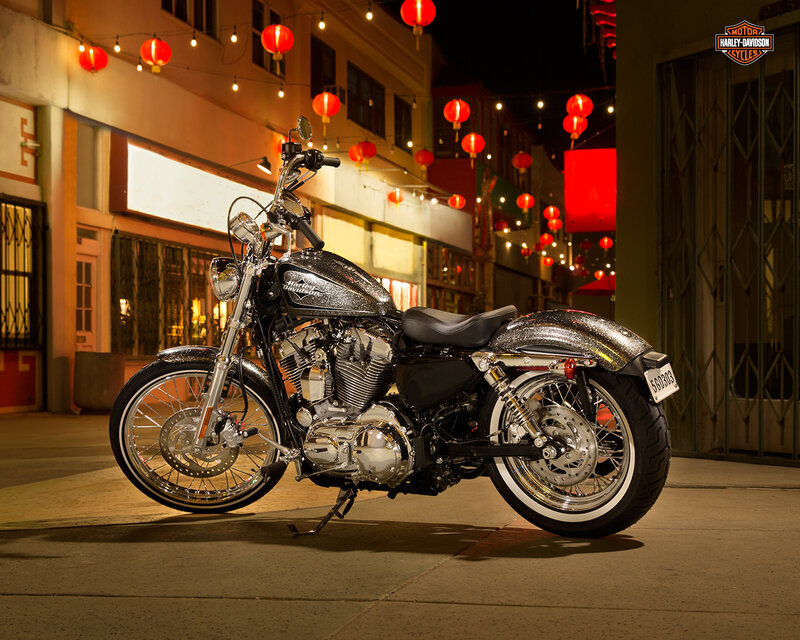 Harley-Davidson Motorcycle — Black, Dramatic, Night, Photograph, Red Lanterns