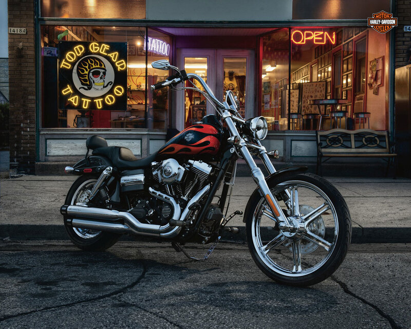 Harley-Davidson Motorcycle — Black, Dramatic, Night, Photograph, Tattoo Parlor