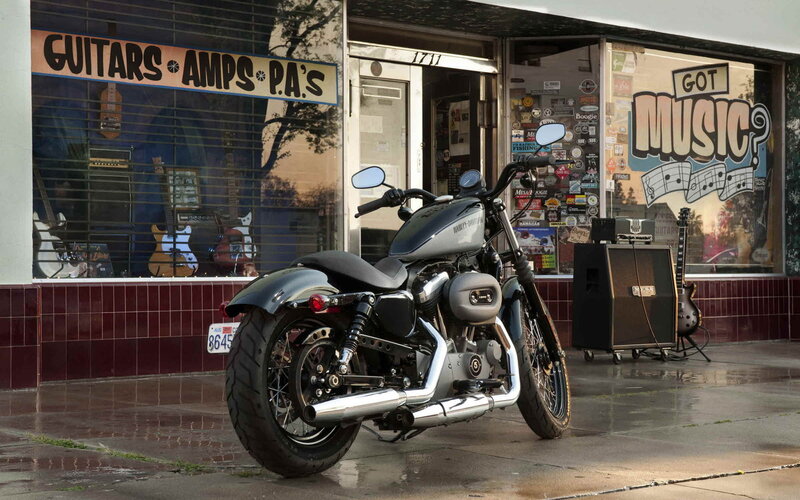 Harley-Davidson Motorcycle — Black, Urban, Afternoon, Photograph, Guitar Store