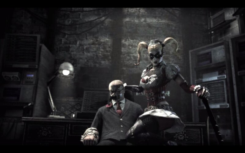 Harley Quinn and a man in a dark room