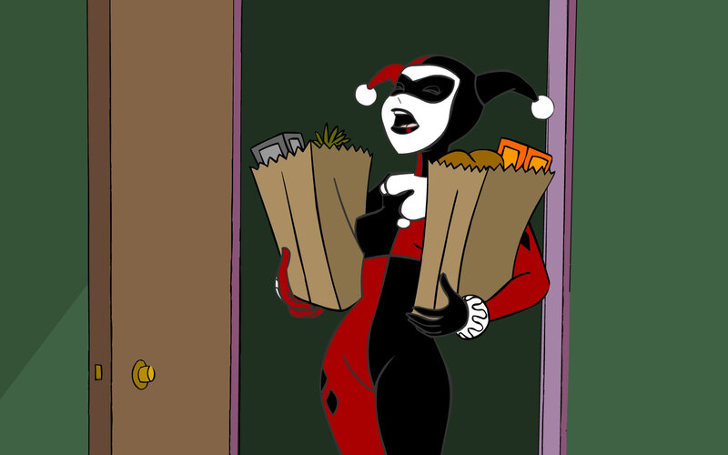 Harley Quinn carrying groceries