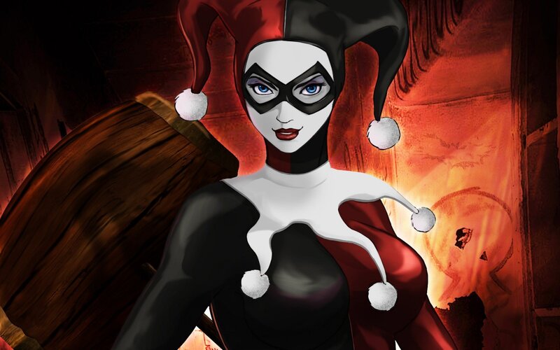 Harley Quinn Character — Red, Dramatic, Digital Art, Jester Hat, Mask, Barrel