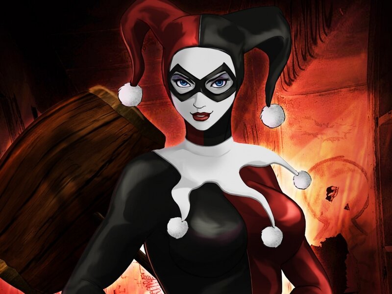 Harley Quinn Character — Red, Dramatic, Digital Art, Jester Hat, Mask