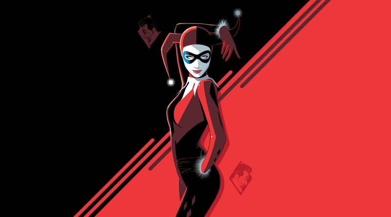 Harley Quinn Character — Red, Dramatic, Digital Art, Jester Hat, Playing Cards, Black and Red Suit
