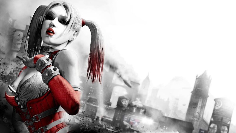 Harley Quinn Character — Red, Dramatic, Digital Art, Pigtails, Cityscape