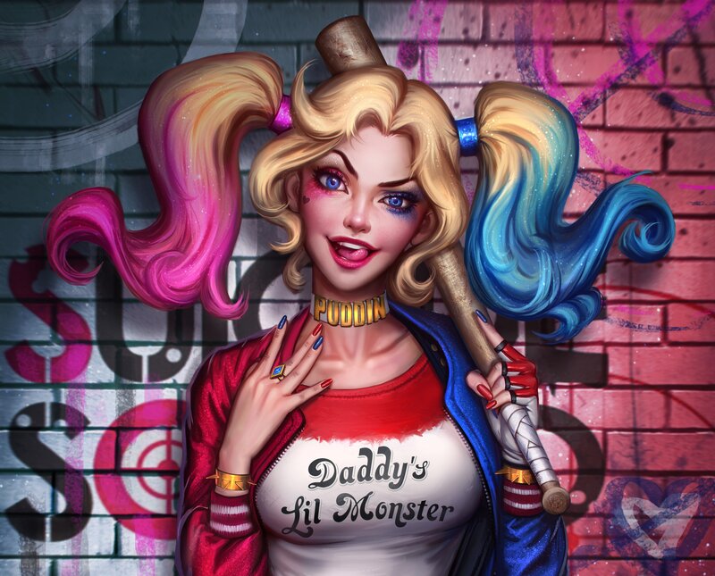 Harley Quinn Character — Red, Playful, Digital Art, Pigtails, Baseball Bat