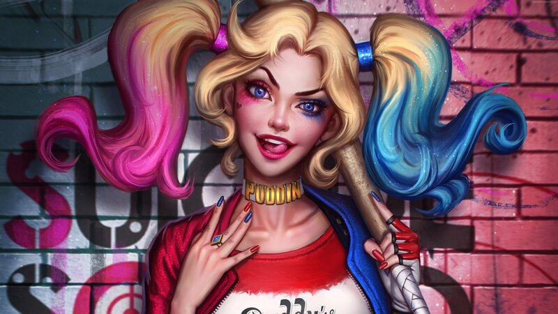 Harley Quinn Character — Red, Playful, Digital Art, Pigtails, Bat
