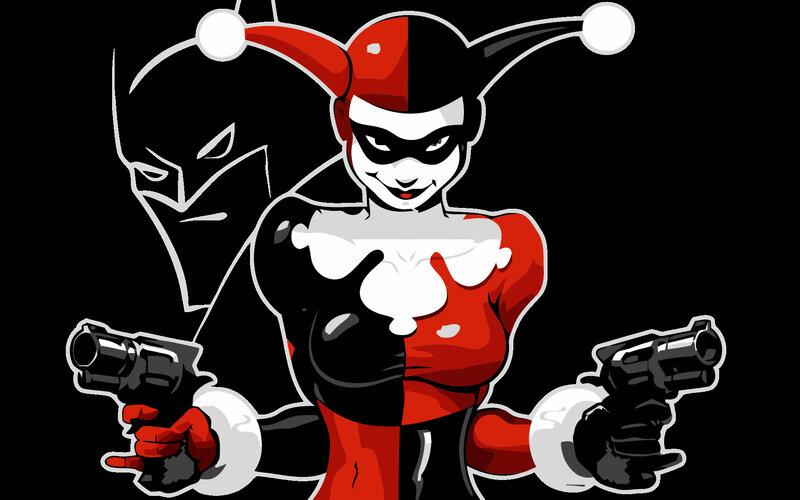 Harley Quinn Holding Guns — Black, Dramatic, Vector Art
