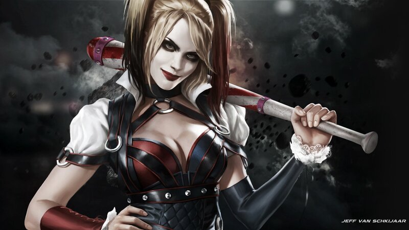 Harley Quinn with Bat — Black, Dramatic, Digital Art, Smoke