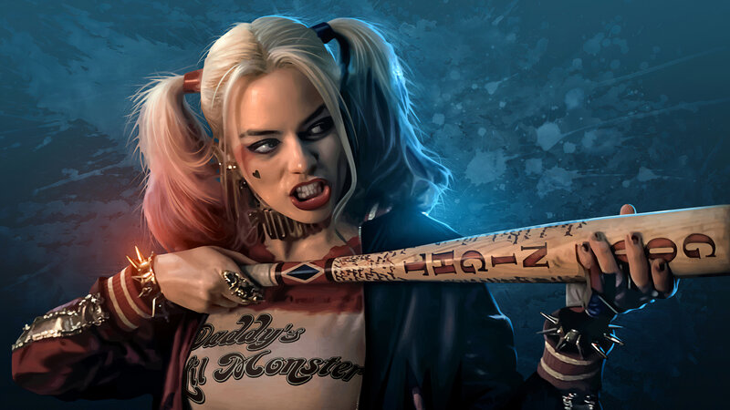 Harley Quinn with Bat — Blue, Dramatic, Digital Art