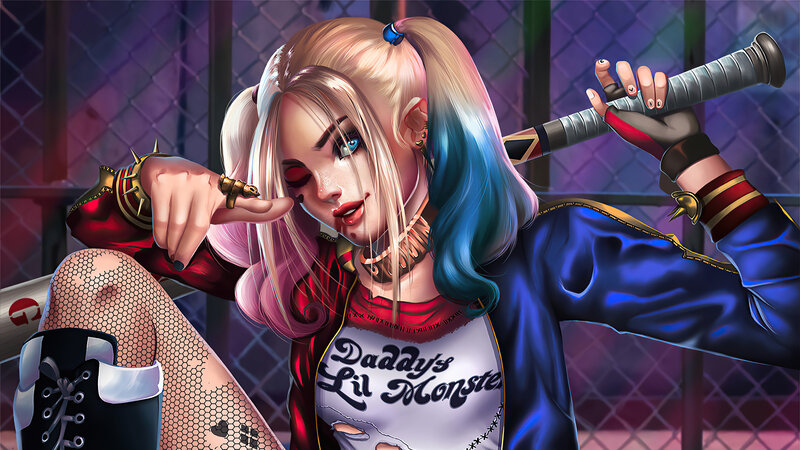Harley Quinn with Bat — Blue, Dramatic, Night