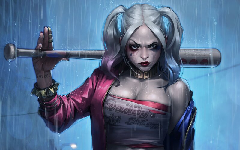 Harley Quinn with Bat — Blue, Dramatic
