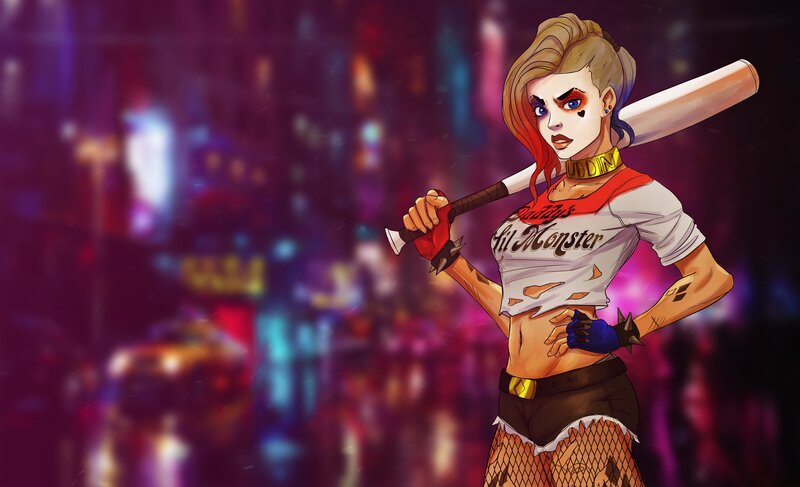 Harley Quinn with Bat — Purple, Dramatic