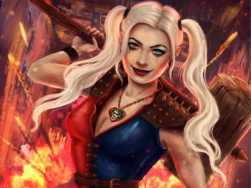 Harley Quinn with Bat — Red, Dramatic, Digital Art, Fire