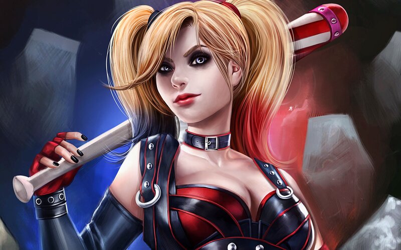 Harley Quinn with Bat — Red, Dramatic, Digital Art