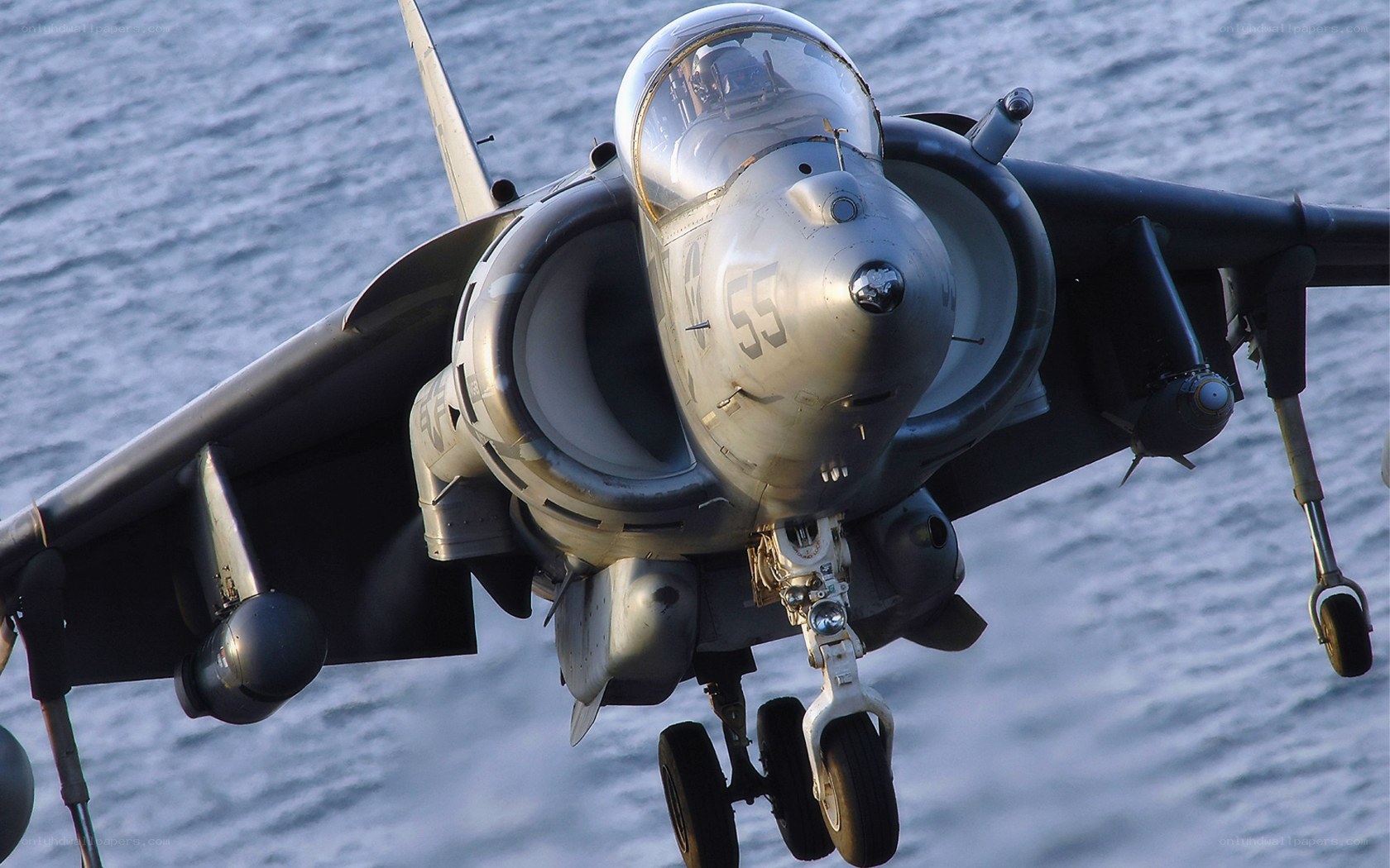 Harrier jet landing on ship